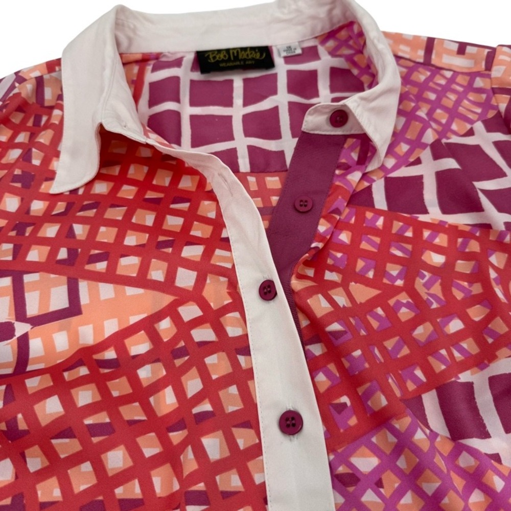 BOB MACKIE 1X Blouse Pink Orange Geometric Wearable Art Tunic Top Patchwork - Picture 9 of 12